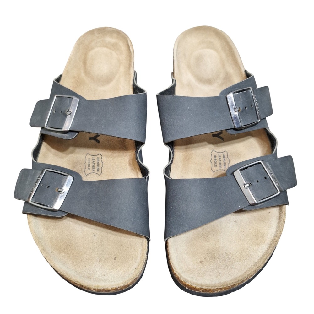 Fitory Mens Black Cork Slide Sandals Double Buckle Leather Insole Size 12 Insole